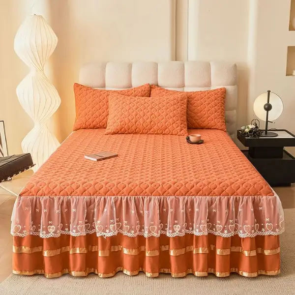 Double Layer Solid Color 3 Pieces Bedskirt Bedsheet Set